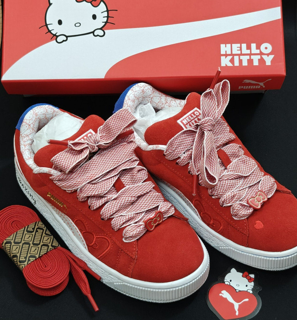 PUMA x HELLO KITTY Suede XL Red Bow Sneakers Women Size 6.5 Red Kawaii EUC + Box